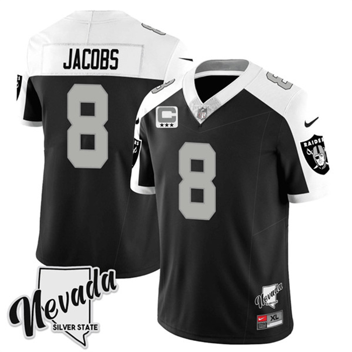 Men's Las Vegas Raiders #8 Josh Jacobs Black/White 2023 F.U.S.E Nevada Silver Stat With 3-Star C patch Stitched Football Jersey Men's Las Vegas Raiders #8 Josh Jacobs Black/White 2023 F.U.S.E Nevada Silver Stat With 3-Star C patch Stitched Football Jersey